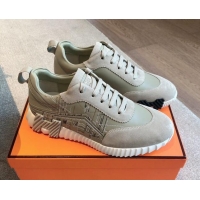 Grade Quality Hermes Bouncing Sneakers in Embroidered Leather and Suede Green/Grey 1008096