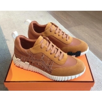 Buy Luxury Hermes Bouncing Sneakers in Embroidered Leather and Suede Brown 1008097