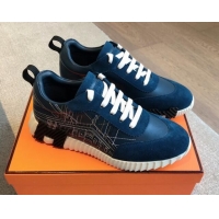 Best Price Hermes Bouncing Sneakers in Embroidered Leather and Suede Dark Blue 1008098