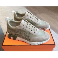 Good Looking Hermes Bouncing Sneakers in Embroidered Leather and Suede Khaki Green 008099