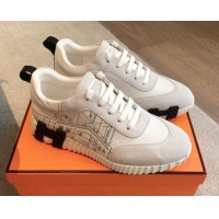 Best Grade Hermes Bouncing Sneakers in Embroidered Leather and Suede White 1008102