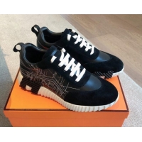 Low Cost Hermes Bouncing Sneakers in Embroidered Leather and Suede Black 1008103