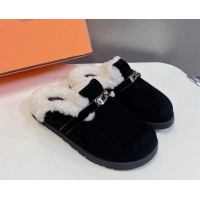 Unique Style Hermes Kelly Buckle Mules in Suede and Wool Fur Black 1008104