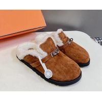 Durable Hermes Kelly Buckle Mules in Suede and Wool Fur Brown 1008105