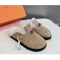 Shop Duplicate Hermes Kelly Buckle Mules in Suede and Wool Fur Grey 1008106