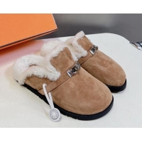 Luxurious Hermes Kelly Buckle Mules in Suede and Wool Fur Dark Beige 1008107