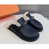 Most Popular Hermes Kelly Buckle Mules in Calfskin and Wool Fur Black 1008108