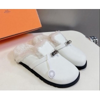 Low Price Hermes Kelly Buckle Mules in Calfskin and Wool Fur White 1008109