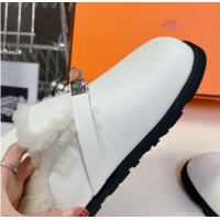 Low Price Hermes Kelly Buckle Mules in Calfskin and Wool Fur White 1008109