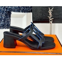 Big Discount Hermes Izzy Heel Slides Sandal 5cm in Grained Calfskin with Contrasting Edges and "H" cut-out Black 1008111