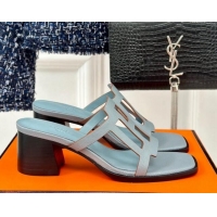 Good Product Hermes Izzy Heel Slides Sandal 5cm in Grained Calfskin with Contrasting Edges and "H" cut-out Blue 1008113