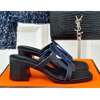 Buy Discount Hermes Izzy Heel Slides Sandal 5cm in Calfskin Leather with Contrasting Edges and "H" cut-out Black 1008114