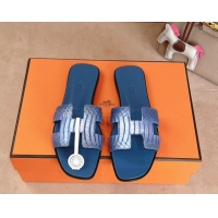 Good Product Hermes Classic Oran Flat Slides Sandal in Snakeskin Embossed Leather Blue 1008120