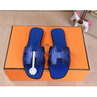 Charming Hermes Classic Oran Flat Slides Sandal in Snakeskin Embossed Leather Royal Blue 1008124