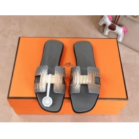 Popular Style Hermes Classic Oran Flat Slides Sandal in Snakeskin Embossed Leather Dark Grey 008125