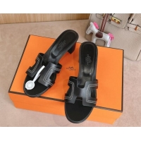 Luxury Cheap Hermes Classic Oasis Heel Slides Sandal 5cm in Calfskin with Stitches Black 1008127