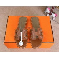 Purchase Hermes Classic Oran Flat Slides Sandal in Calfskin with Stitches Brown 1008130