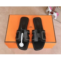 Good Quality Hermes Classic Oran Flat Slides Sandal in Calfskin with Stitches Black 1008132