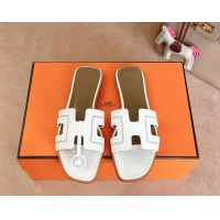 Classic Hot Hermes Classic Oran Flat Slides Sandal in Calfskin with Stitches White 1008131