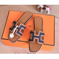 Stylish Hermes Classic Oran Flat Slides Sandal in Calfskin and Denim Blue 1008133