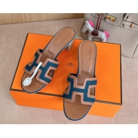 Best Grade Hermes Classic Oasis Heel Slides Sandal 5cm in Calfskin and Denim Brown/Blue 1008136