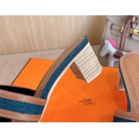 Best Grade Hermes Classic Oasis Heel Slides Sandal 5cm in Calfskin and Denim Brown/Blue 1008136