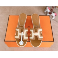 Shop Duplicate Hermes Classic Oasis Heel Slides Sandal 5cm in Calfskin and Denim Brown/White 1008137