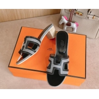 Buy Luxury Hermes Classic Oasis Heel Slides Sandal 5cm in Calfskin and Denim Black/Grey 1008138