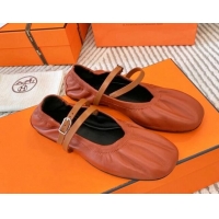 Grade Hermes Jolly Ballet Flats in Calfskin Leather Wrap-Around Strap Brown 1008139