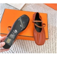 Grade Hermes Jolly Ballet Flats in Calfskin Leather Wrap-Around Strap Brown 1008139