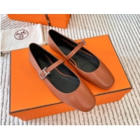 Stylish Hermes Mary Jane Ballet Flat in Calfskin with Hapi Buckle Brown 1008141