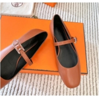 Stylish Hermes Mary Jane Ballet Flat in Calfskin with Hapi Buckle Brown 1008141