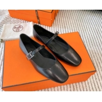 Shop Cheap Hermes Mary Jane Ballet Flat in Calfskin with Hapi Buckle Black 1008142