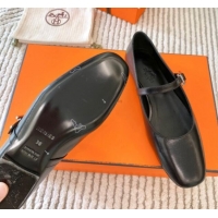 Shop Cheap Hermes Mary Jane Ballet Flat in Calfskin with Hapi Buckle Black 1008142