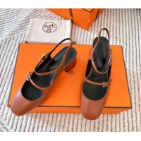 Best Price Hermes Jackie Slingback Pumps 5cm in Calfskin with H Buckle Brown 1008143