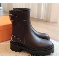 Best Product Hermes Jaimy Ankle Boots in Calfskin with Double Buckle Dark Brown 1008144