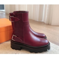 Perfect Hermes Jaimy Ankle Boots in Calfskin with Double Buckle Burgundy 100814