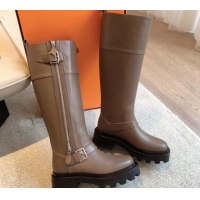 Big Discount Hermes Jaimy High Biker Boots in Calfskin with Buckle and Zip Grey 1008148