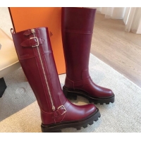 Popular Style Hermes Jaimy High Biker Boots in Calfskin with Buckle and Zip Burgundy 1008150