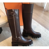 Luxury Cheap Hermes Jaimy High Biker Boots in Calfskin with Buckle and Zip Dark Brown 1008151