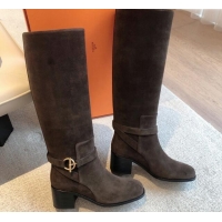 Charming Hermes Justine High Boots 5cm in Suede with Glenan Buckle Grey 1113064