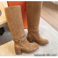 Top Design Hermes Justine High Boots 5cm in Suede with Glenan Buckle Brown 1113065