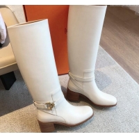 Top Grade Hermes Justine High Boots 5cm in Calfskin with Glenan Buckle White 1113068