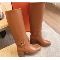 Good Quality Hermes Justine High Boots 5cm in Calfskin with Glenan Buckle Brown 1113069