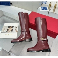 Good Looking Valentino VLogo Locker Calfskin Leather High Boots 3cm Heel Dark Burgundy 1009014