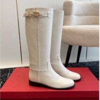 Stylish Valentino VLogo The Bold Edition Calfskin High Boots with Buckle white 1009022