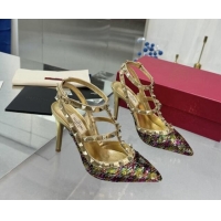 Perfect Valentino Rockstud Ankle Strap Caged Pumps 9.5cm in Sequins and Calfskin Gold 1009023