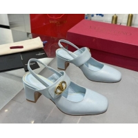 Charming Valentino VLogo Locker Mary-Janes Slingback Pumps 6cm in Calfskin Leather Light Blue 1009029