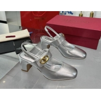 Cheap Price Valentino VLogo Locker Mary-Janes Slingback Pumps 6cm in Calfskin Leather Silver 1009030