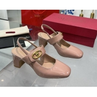 Unique Discount Valentino VLogo Locker Mary-Janes Slingback Pumps 6cm in Patent Leather Dusty Pink 1009034